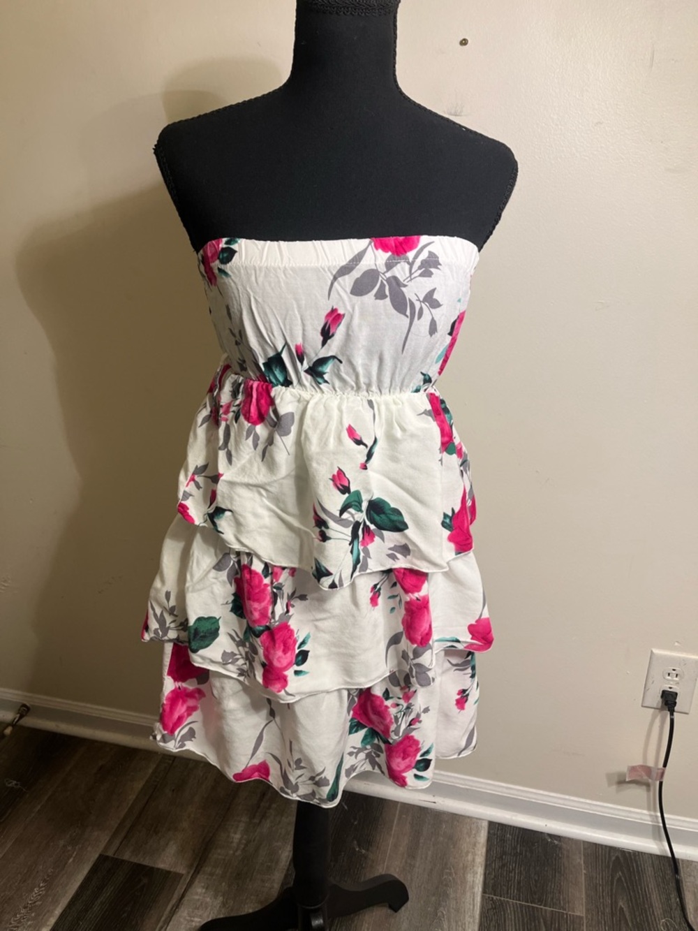 Dots Floral Strapless Dress in White, Pink, and Green